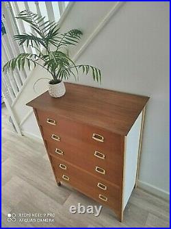 Vintage MID 20th C Beehive Chest Of 5 Drawers Teak & Beech Tall Chest C1960's