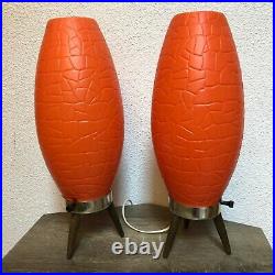 Vintage PAIR Mid Century Modern MCM Beehive Lamp Orange Teak Tripod Legs Atomic