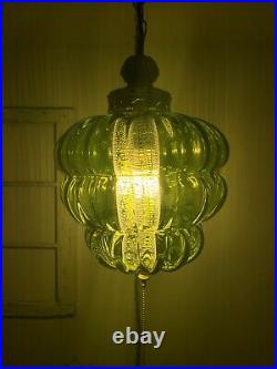Vintage Swag Lamp Green Mid Beehive Glass MCM Hanging Pendant Light Plug In