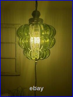 Vintage Swag Lamp Green Mid Beehive Glass MCM Hanging Pendant Light Plug In
