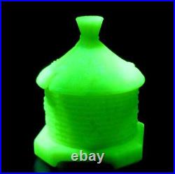 Vintage Uranium Green Yellow Glass Bee Honey Jam Marmalade Pot Jar