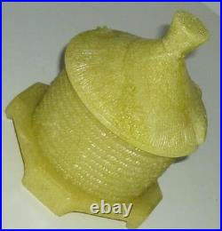 Vintage Uranium Green Yellow Glass Bee Honey Jam Marmalade Pot Jar