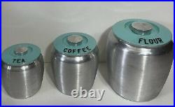Vtc KROMEX Brushed Aluminum Canister Set withTurquoise Lids Flour Coffee Tea EUC
