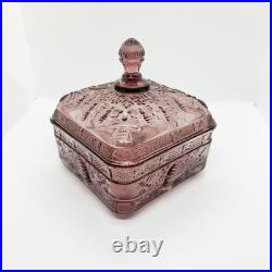 Vtg Plum Amethyst Glass Bee Hive Box UV Reactive RARE MINT Indiana Tiara Footed