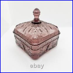 Vtg Plum Amethyst Glass Bee Hive Box UV Reactive RARE MINT Indiana Tiara Footed